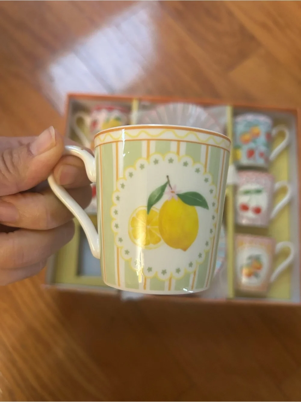 NWT Fruit Mania porcelain Set of 6 coffee cup and Saucers